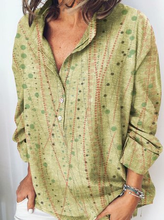 Lightgreen Shirt Collar Long Sleeve Polka Dots Cotton Blouse