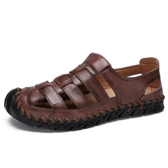 Men Cow Leather Hand Stitching Non Slip Large Size Soft Sole Sandals