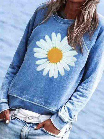 Women Cotton-Blend Crew Neck Floral Casual T-shirt