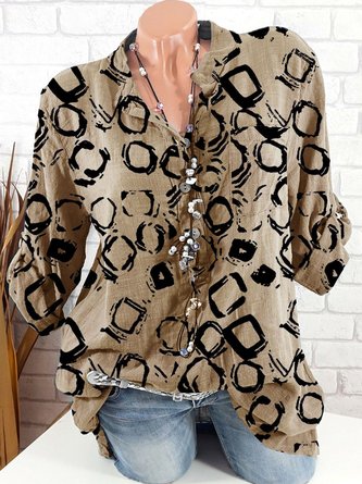 Khaki Floral-Print Shirt Collar Long Sleeve Geometric Blouse