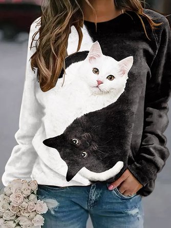 Women YinYan Cat Crew Neck Cotton-Blend Casual Sweatshirt