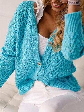 Blue Casual Ribbed Cuffs & Hem Long Sleeve V-Neck Sweater Outerwear