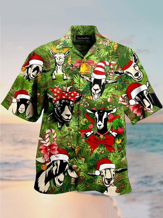 Mens Christmas Goat Print Loose Short Sleeve Shirts