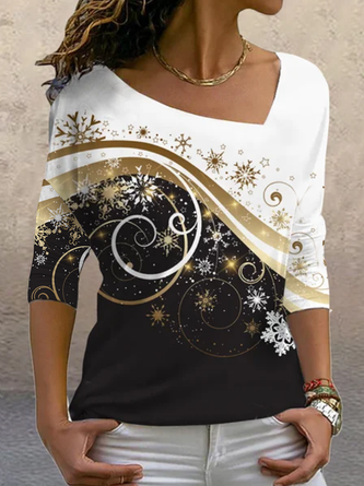 Long sleeve non piled collar geometric gradient snowflake casual top t-shirt female