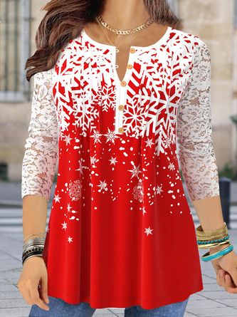 Women's Long sleeve V-neck tunic tops christmas snowflake printed 
