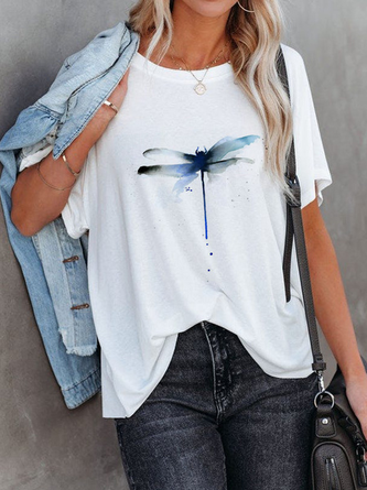 Loosen Round Neck Dragonfly Vacation Shirts & Tops