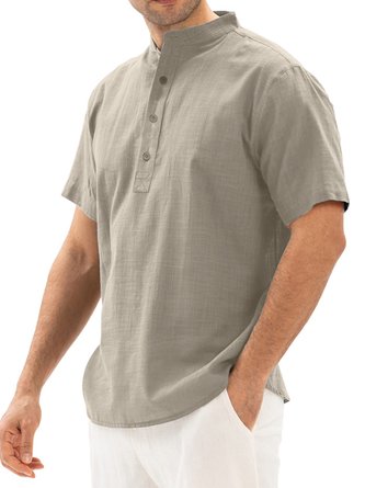Men's Cotton Linen Plant Floral Comfortable Short Sleeve Shir