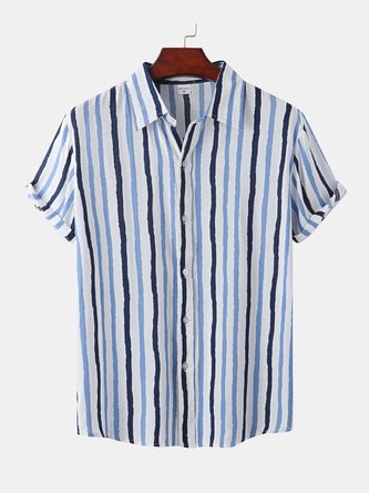 Lapel Striped Cotton Blends Vacation Short Sleeve Shirt