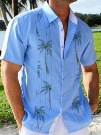 Men's Linen Lapel Blue Printed Casual Shirt