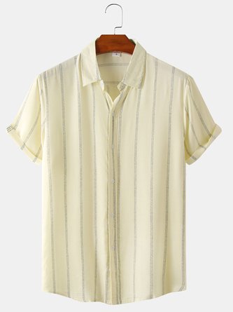 Short Sleeve Cotton Blends Shirt Collar Striped Short Sleeve Shirt