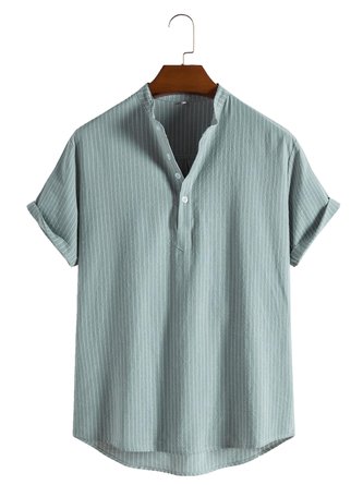 Men's Cotton Linen Stand Collar Striped Short Sleeve Shirt