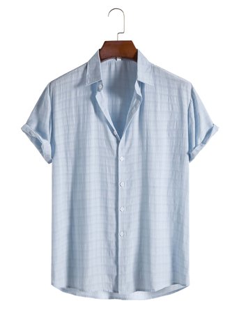 Men's Solid Color Special Short Sleeve Fabric Dark Check Lapel Shirt