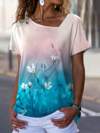 Asymmetrical Neck Casual Floral Ombre T-Shirt