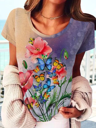 Gradient flower butterfly blouse T-shirt plus size