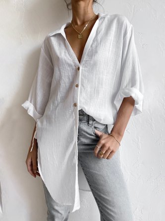 Casual Plain Basic Cotton And Linen Long-sleeved Shirt