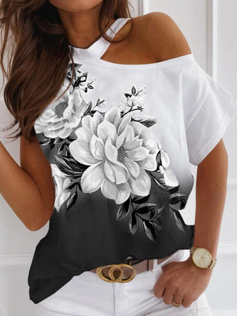 Color Block Casual Floral Cold Shoulder T-Shirt