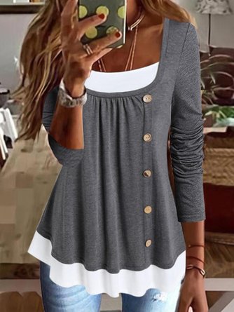 Women's Color Block Long Sleeve Square Neck Button Flowy Tunic Top