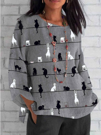 Round Neck Casual Loose Cat Print Long Sleeve Blouse