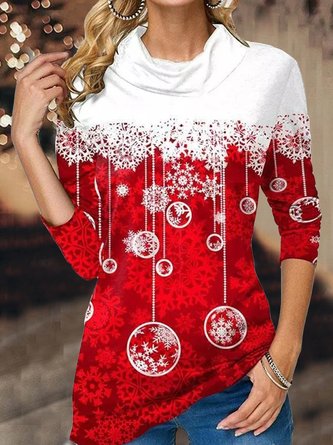 Women's Red Long Sleeve turtleneck Tops Christmas Snowflake Print