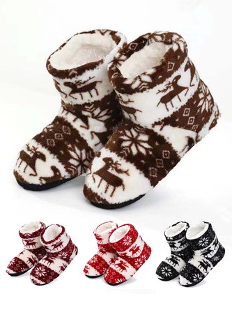 Women's Christmas Non-Slip Printing Warm Home Flat Heel Boots