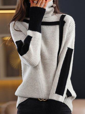 Color Block Casual Turtleneck Wool/Knitting Sweater