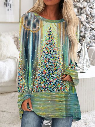 Women's Gradient Long Sleeve Tunic Tops Christmas Tree Printed