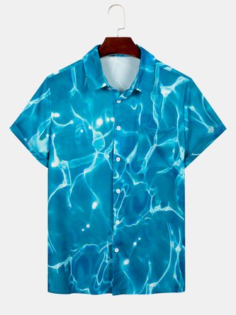 Mens Blue Wave Print Pocket Lapel Casual Loose Short Sleeve Shirt