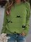 Cat Print Stripe Long Sleeve Crew neck Casual Green Sweatshirt