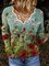New Women Fashion Plus Size Casual Floral Vintage V Neck Sweaters