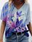 New Women Fashion Plus Size Butterfly Flower Illustration 3D Print V Neck Short Sleeve T-shirt