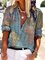 Vintage 3/4 Sleeve Map Printed V Neck Plus Size Casual Tops