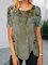 Floral Short Sleeve Printed Cotton-blend Crew Neck Casual Summer Khaki Top