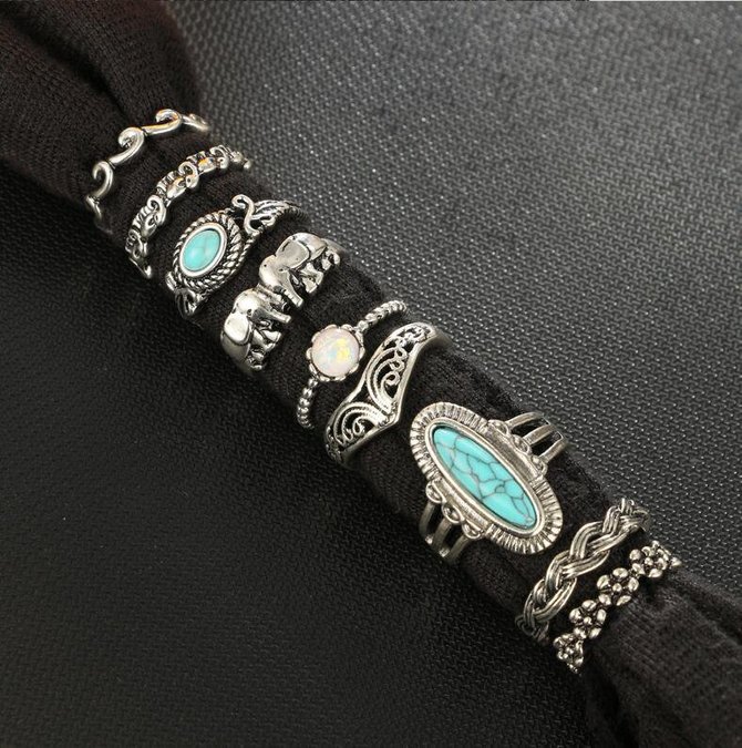 One Set Of 9 Vintage Turquoise Ring