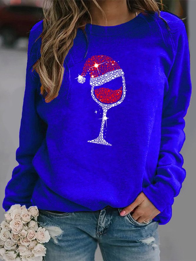 Women Casual Crew Neck Christmas Wine Glass Printed Sweatshirt