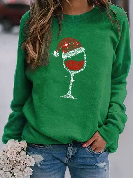 Women Casual Crew Neck Christmas Wine Glass Printed Sweatshirt