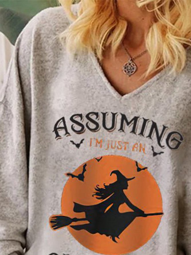 JFN V Neck Casual Text Letter Halloween Long Sleeve T-Shirt
