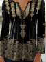 Women's Ethnic Casual V-neck A-Line Tops Long Sleeve Henry Collar Tunic Black Gold Daily Hot List 